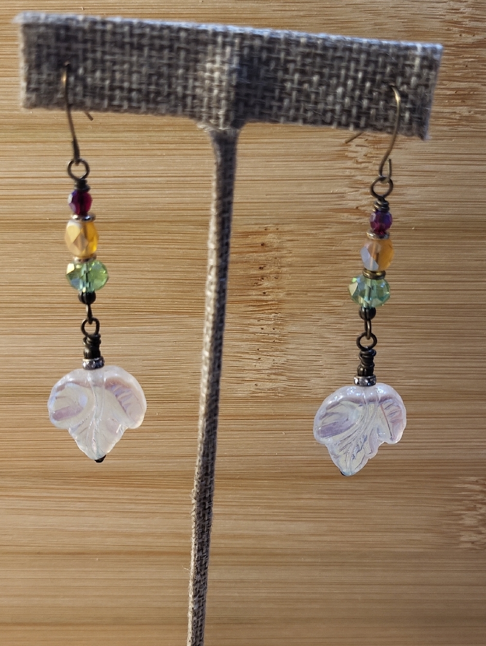 Handmade Iridescent Leaf Drop Earrings with Multicolored Czech Beads